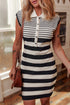 Black Mixed Striped Print Half Placket Collared Cap Sleeve Bodycon Sweater Dress